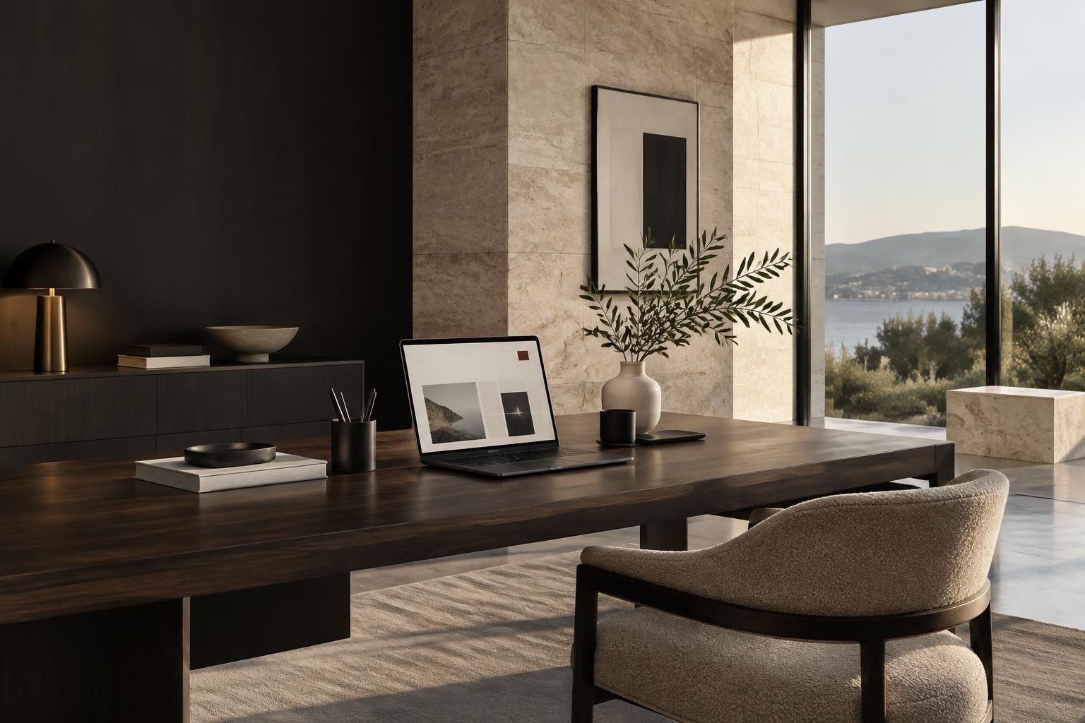 A considered workspace with walnut, natural stone and website design