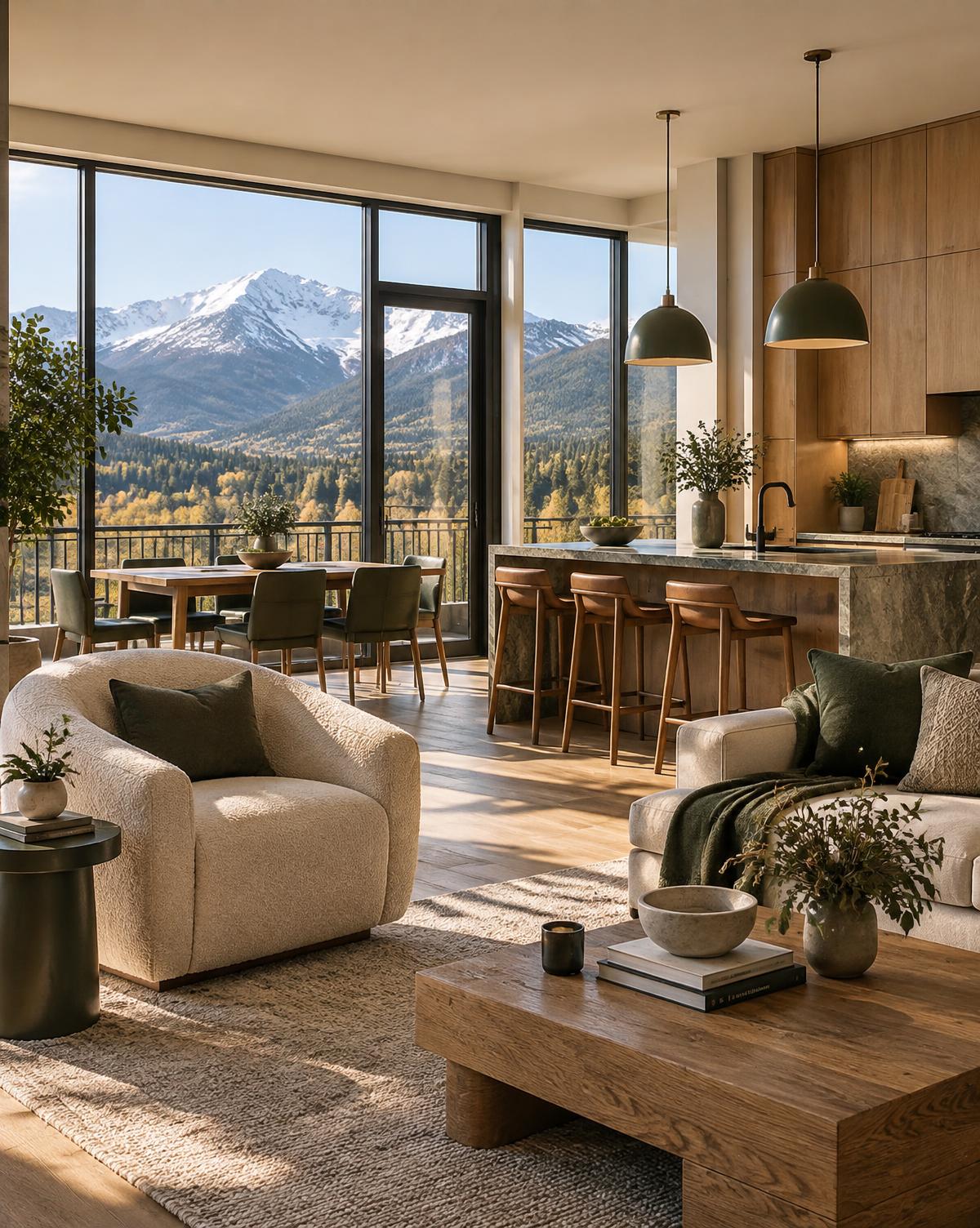 Sunlit apartment interior with Colorado mountain views