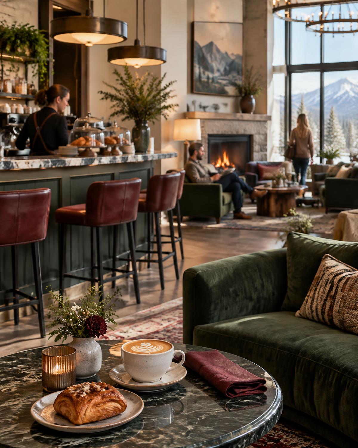 Warm Colorado hotel lobby and coffee bar